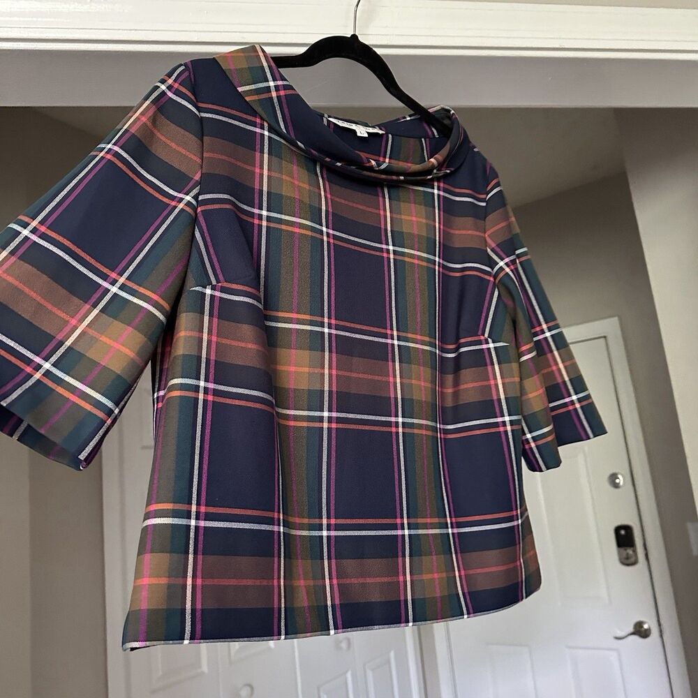 Trina Turk Kailee Plaid Roll Neck Boxy Top Size Large Women’s Classic Workwear - Picture 6 of 11